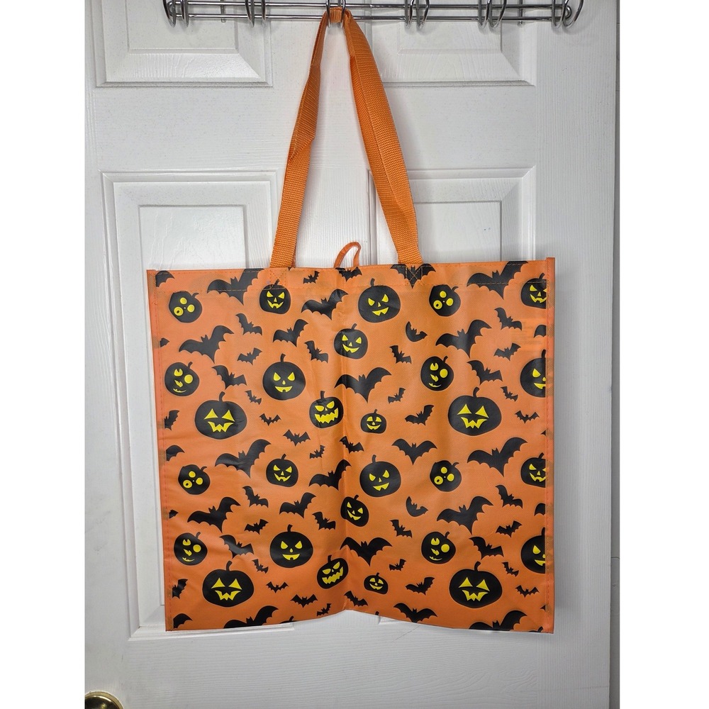 Halloween Reusable Tote Bag Orange Jack-O-Lantern Bat Print Trick or Treat Bag